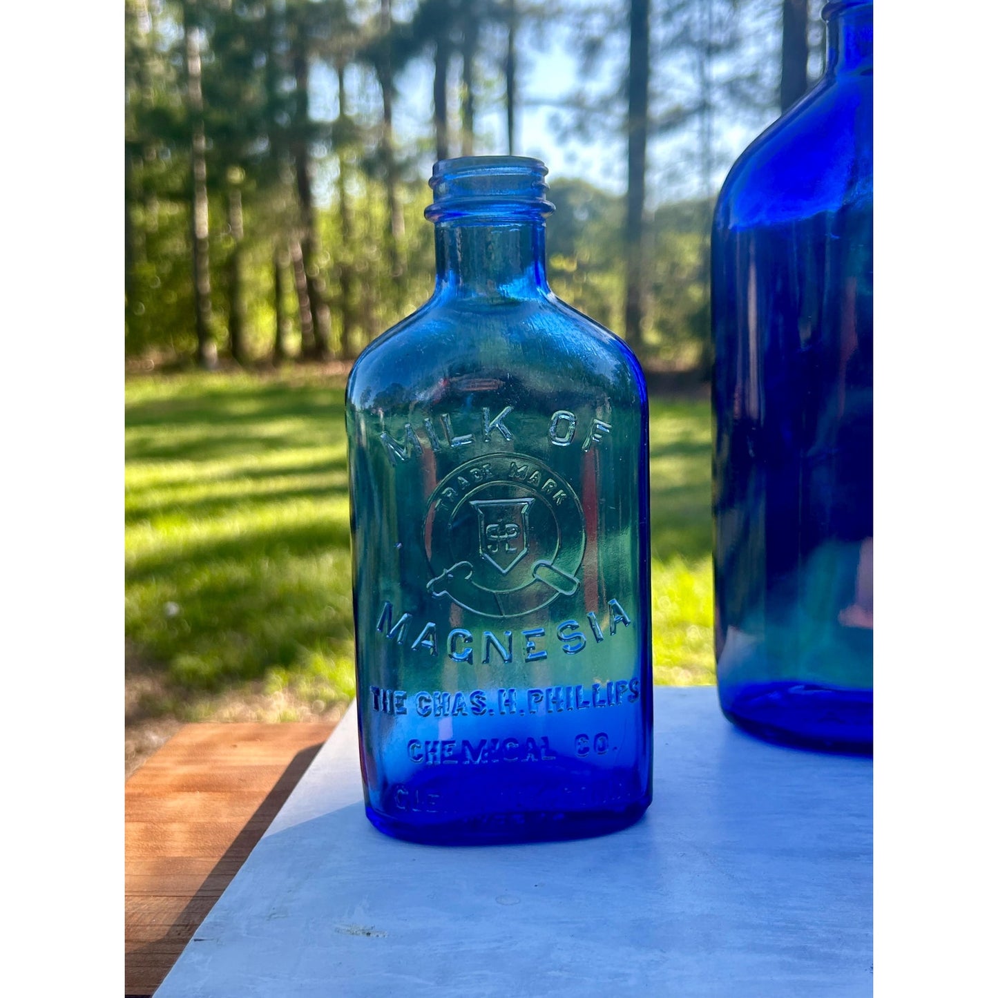 Antique cobalt blue medicine bottle lot side view — different heights showing large medium and small pharmacy bottles