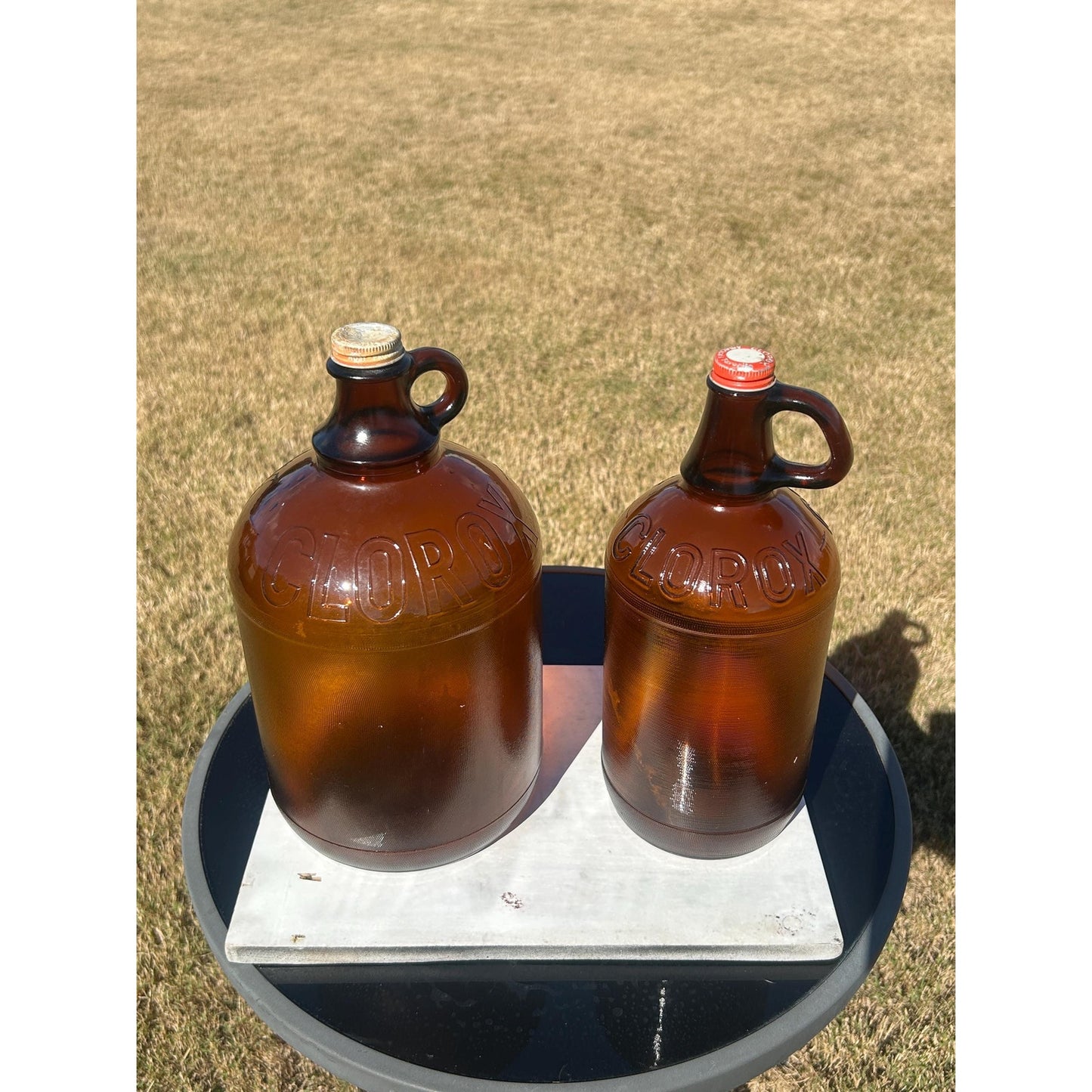 Lot of 2 Vintage Clorox Brown Glass Jugs – 1 Gallon & Half Gallon, Embossed Amber Bottles w/ Original Caps, 1940s–1950s Bleach Bottles