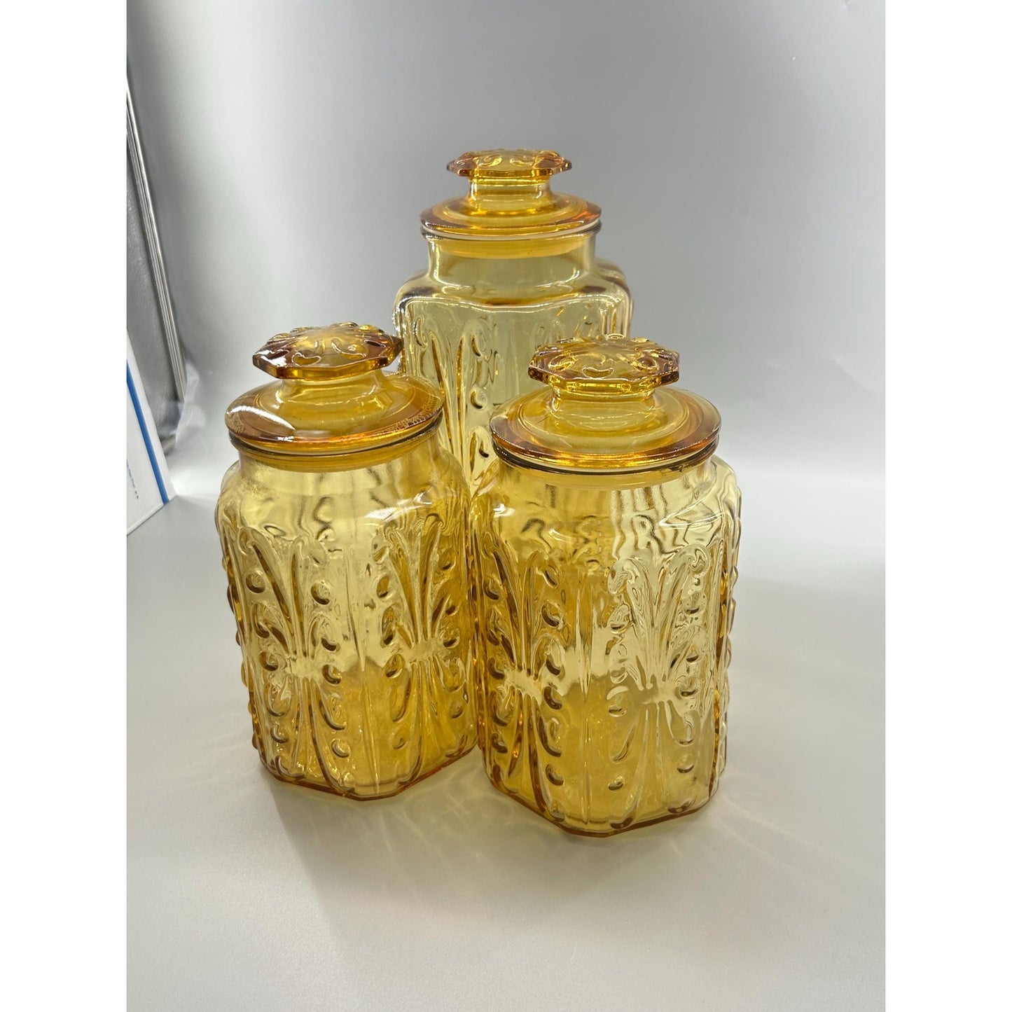 Indiana Honey Amber Glass Apothecary Jars Set of 3, Vintage MCM Kitchen Canisters, Retro Farmhouse Storage, Cookie Jar