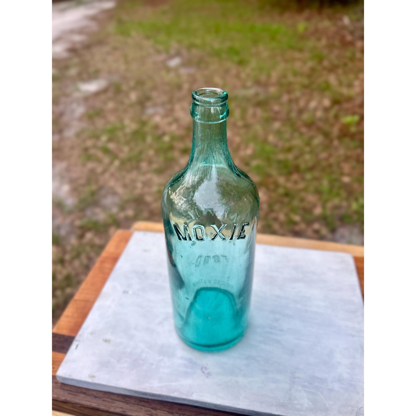Antique Moxie Nerve Food Registered Bottle Aqua Glass Lowell MA Quack Medicine Soda Advertising Early 1900s Rare Display