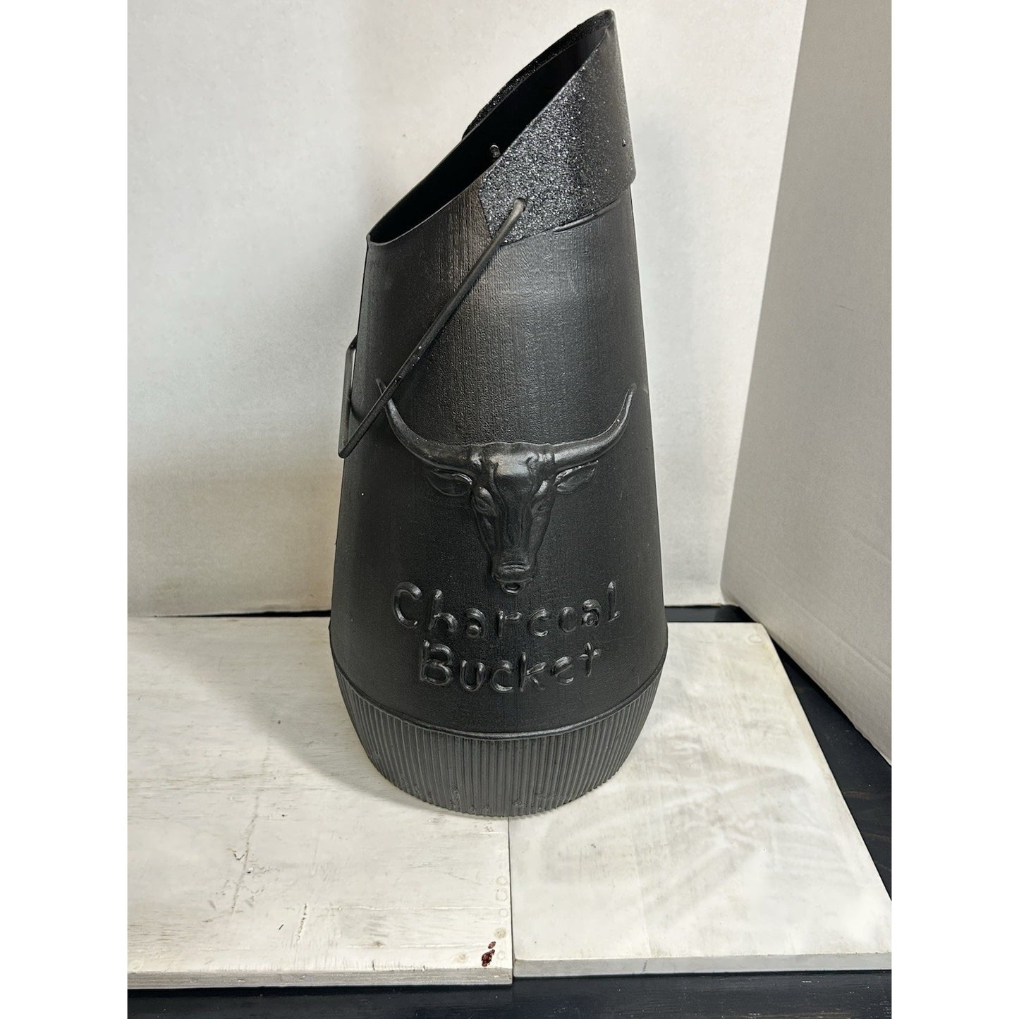 Vintage MCM Longhorn Steer Charcoal Bucket — Black Plastic — Cleaned & Refreshed — Western Decor
