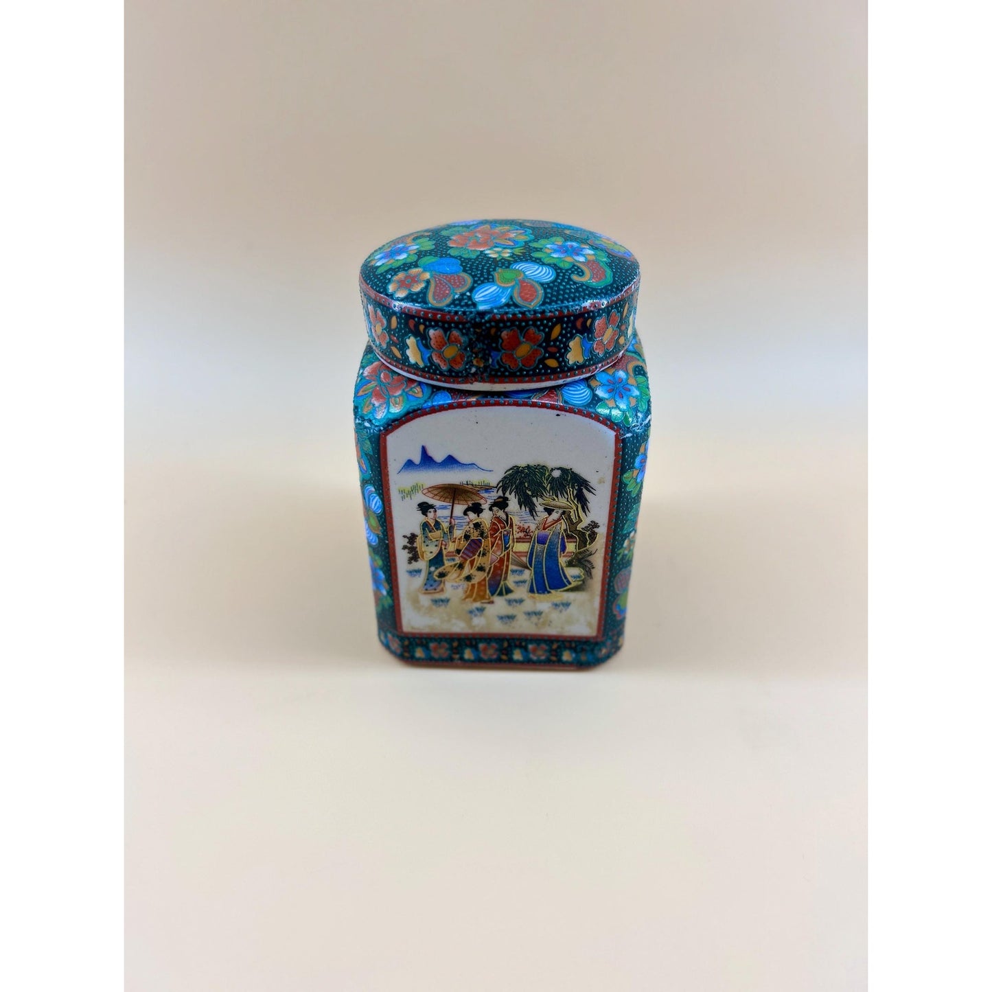 Vintage Japanese Kutani Ginger Jar w/ Geisha Scene Floral Enamel Lidded