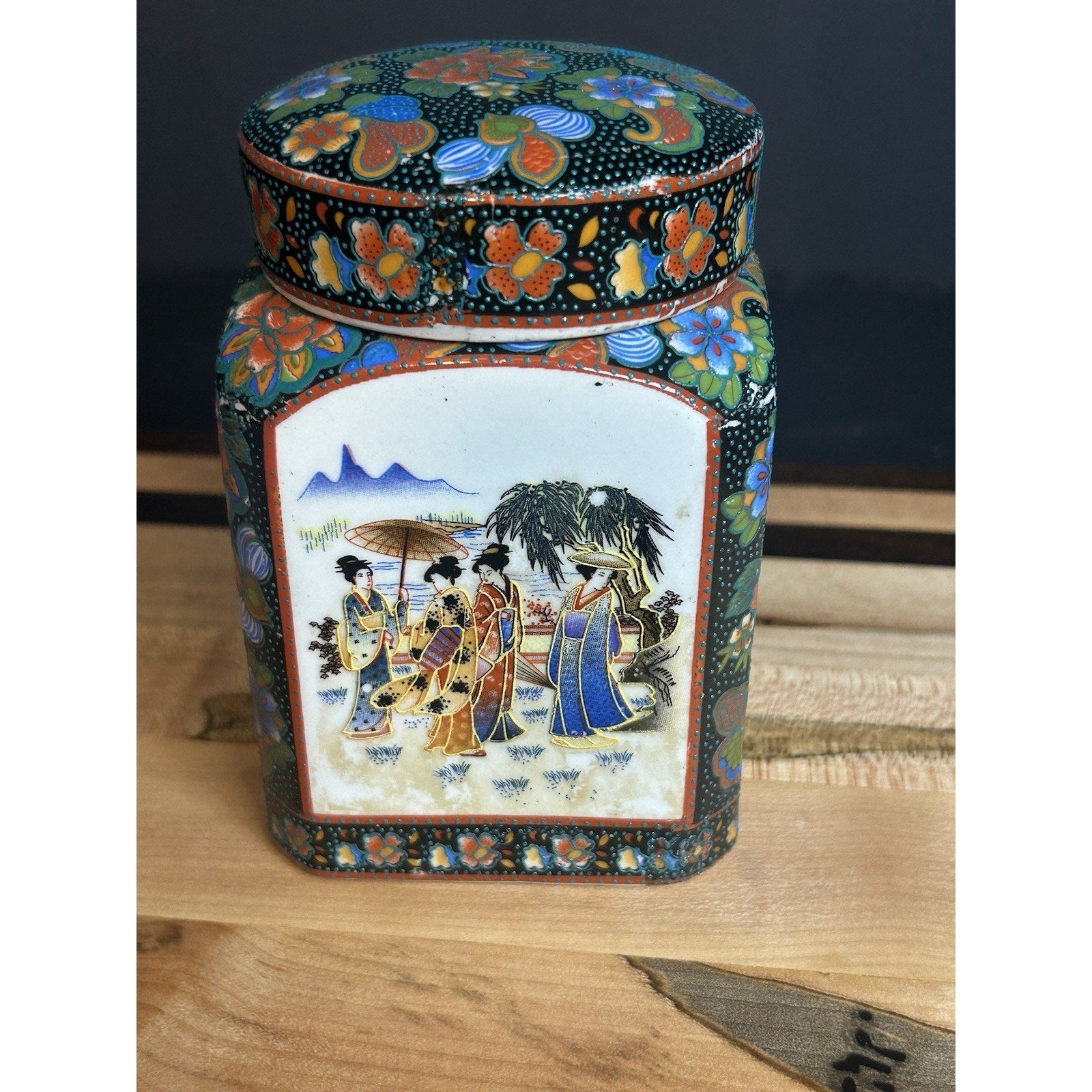 Canton enamel tea caddy Chinese floral scenes color detail