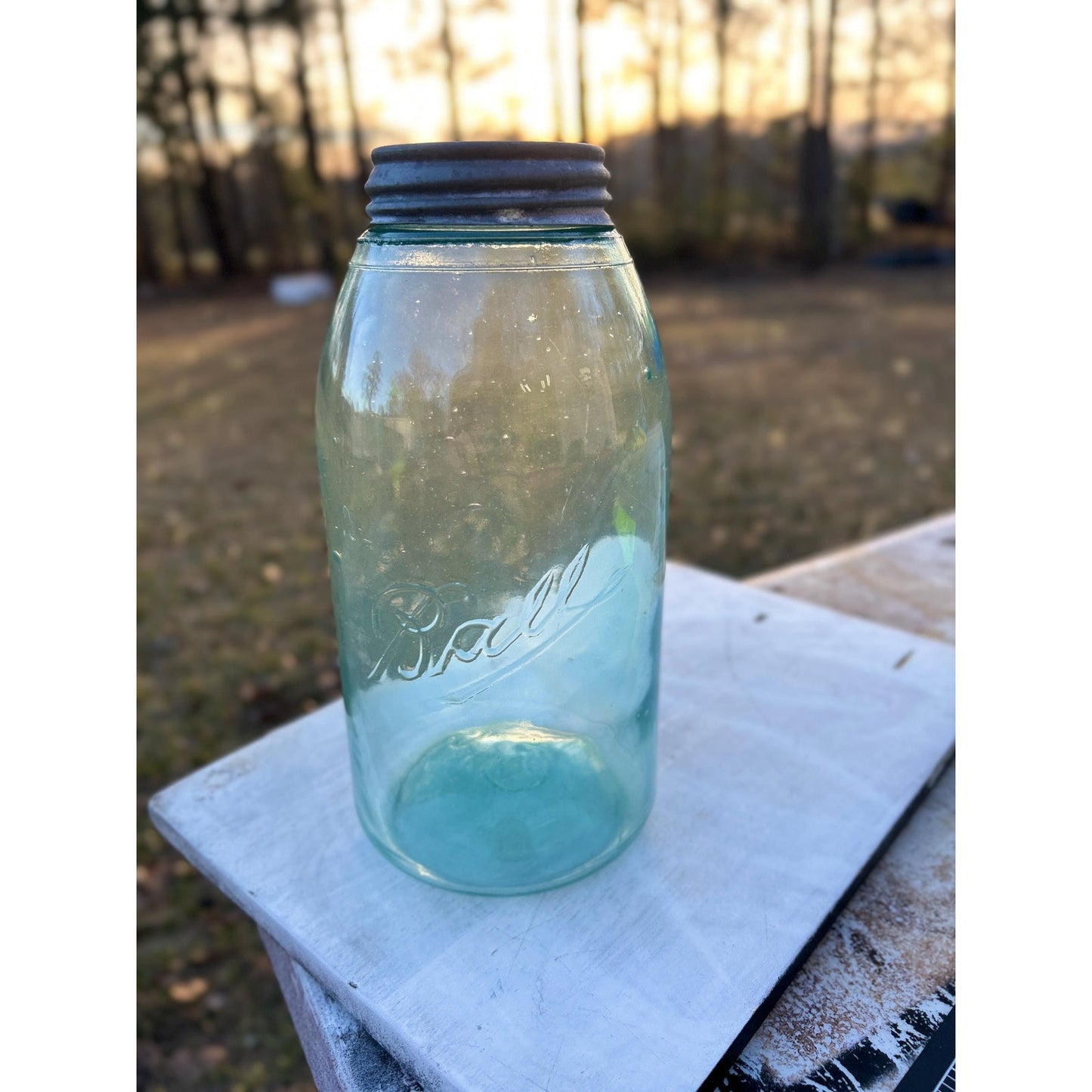 Antique Ball Triple L Half Gallon Aqua Mason Jar 1900–1910 Early Script Ball Bros Original Zinc Lid