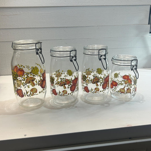 Vintage French Glass Canister Set with Lids – 1970s Mushroom & Vegetable Print, Farmhouse Kitchen Storage Jars, Made in France. rare decor.