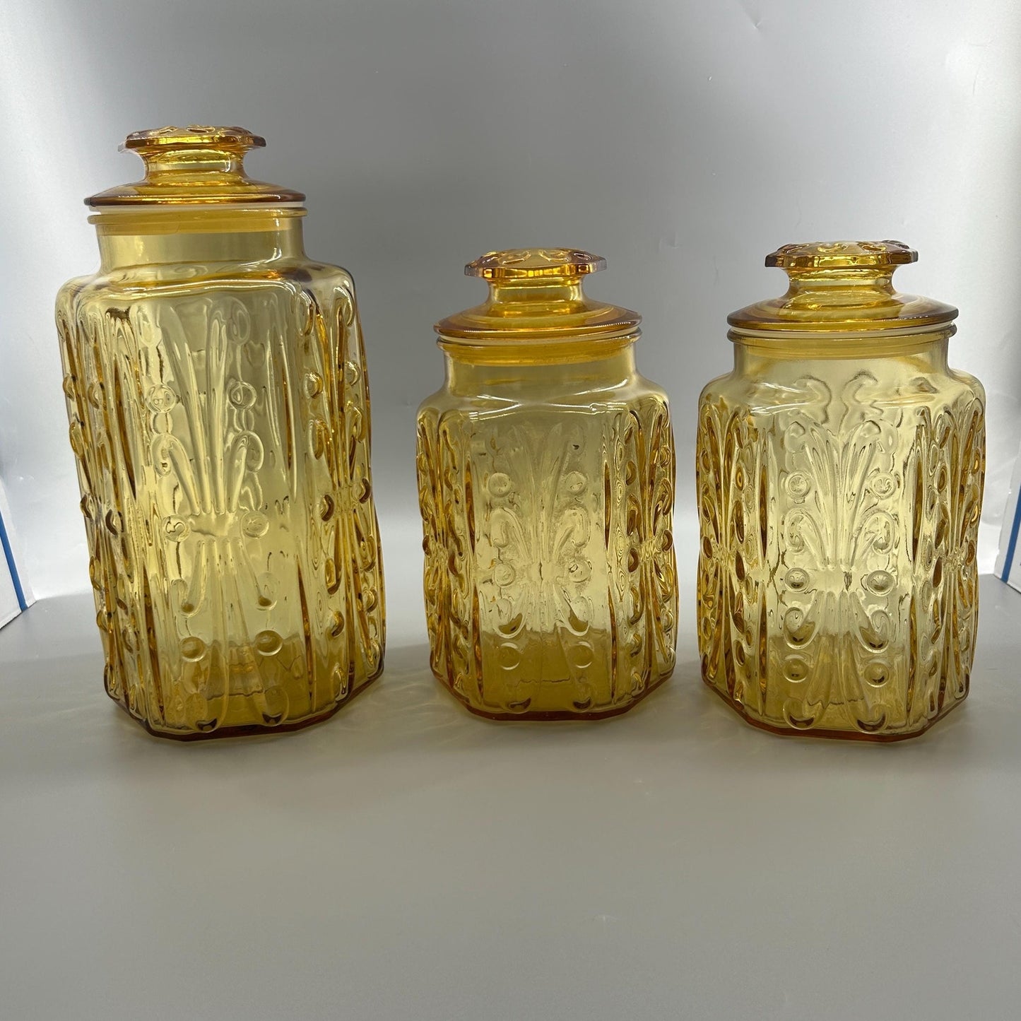 Indiana Honey Amber Glass Apothecary Jars Set of 3, Vintage MCM Kitchen Canisters, Retro Farmhouse Storage, Cookie Jar