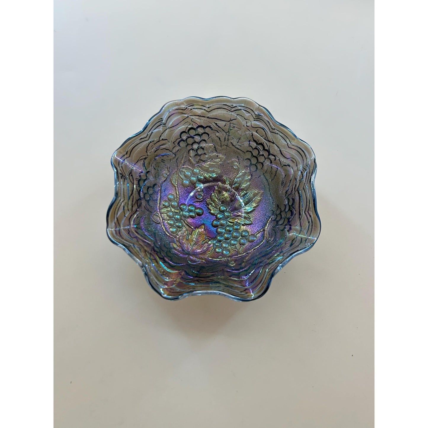 Antique Imperial Carnival Glass Grape & Cable Ruffled Bowl • Amethyst Iridescent Pressed Glass Berry Dish • Early 1900s Vintage Carnival