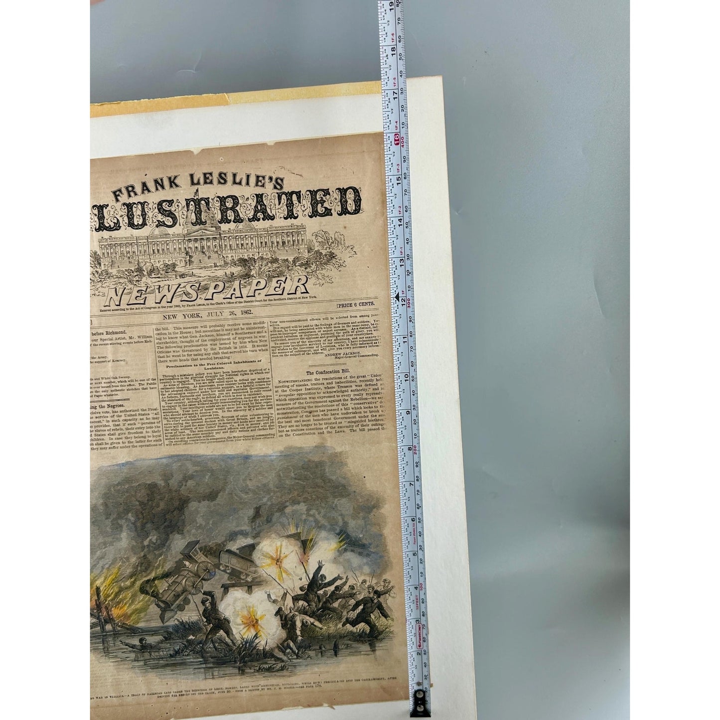 Antique Civil War 1862 Frank Leslie’s Newspaper Train Explosion Virginia Original Engraving Railroad Battle. Authentic Antique Print