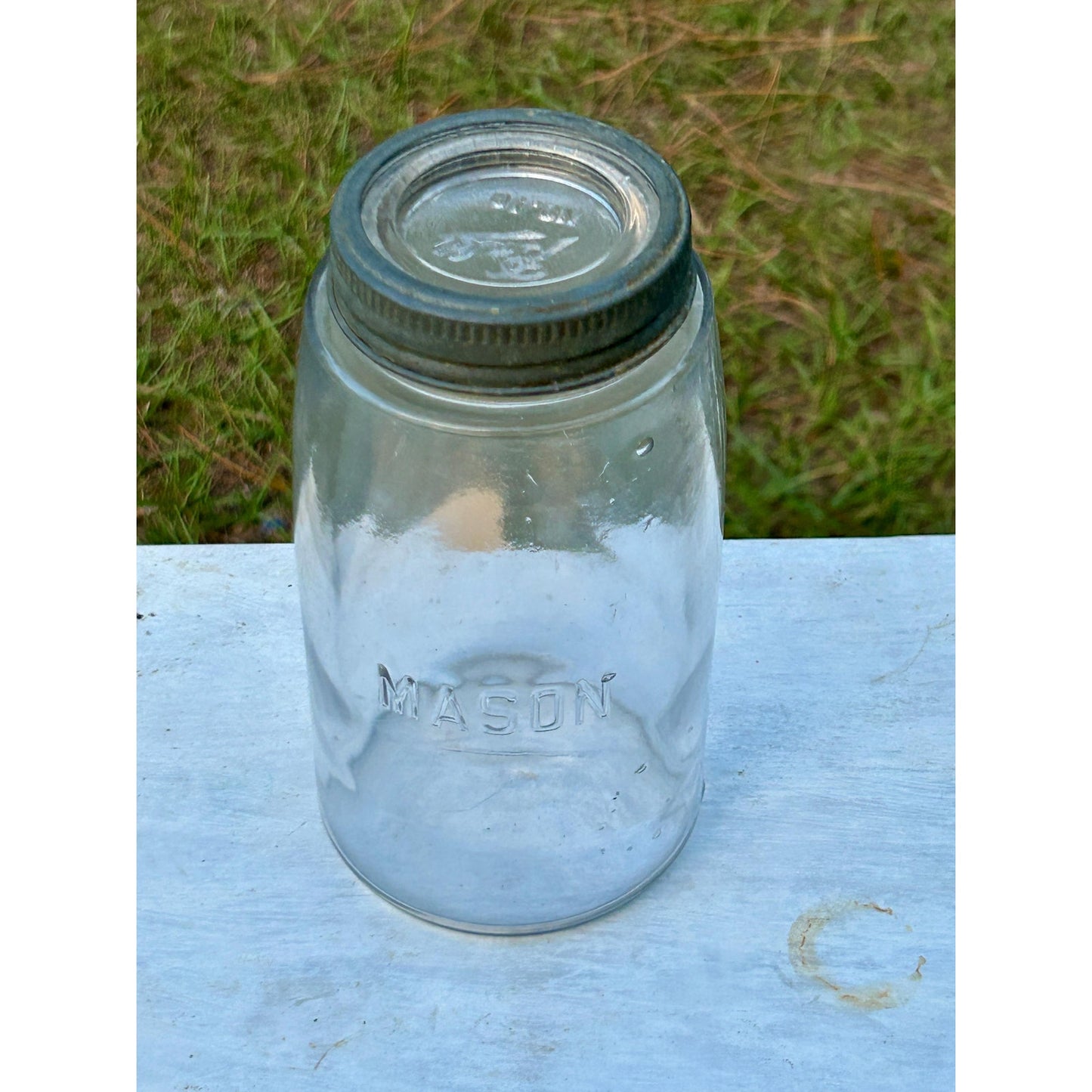 Vintage Mason Quart Fruit Jar Straight Line Clear Glass w/ Ball No. 10 Glass Lid. Gorgeous crisp embossing . With glass bubbles