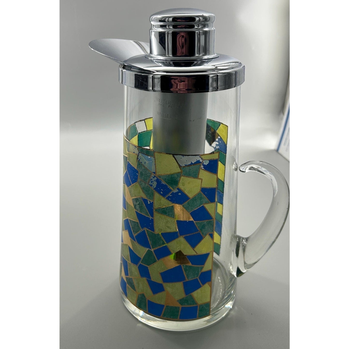 Mid Century Modern Mosaic Glass Pitcher w Chrome Lid & Ice Tube Insert – 1960s Atomic Barware – Retro MCM Entertaining