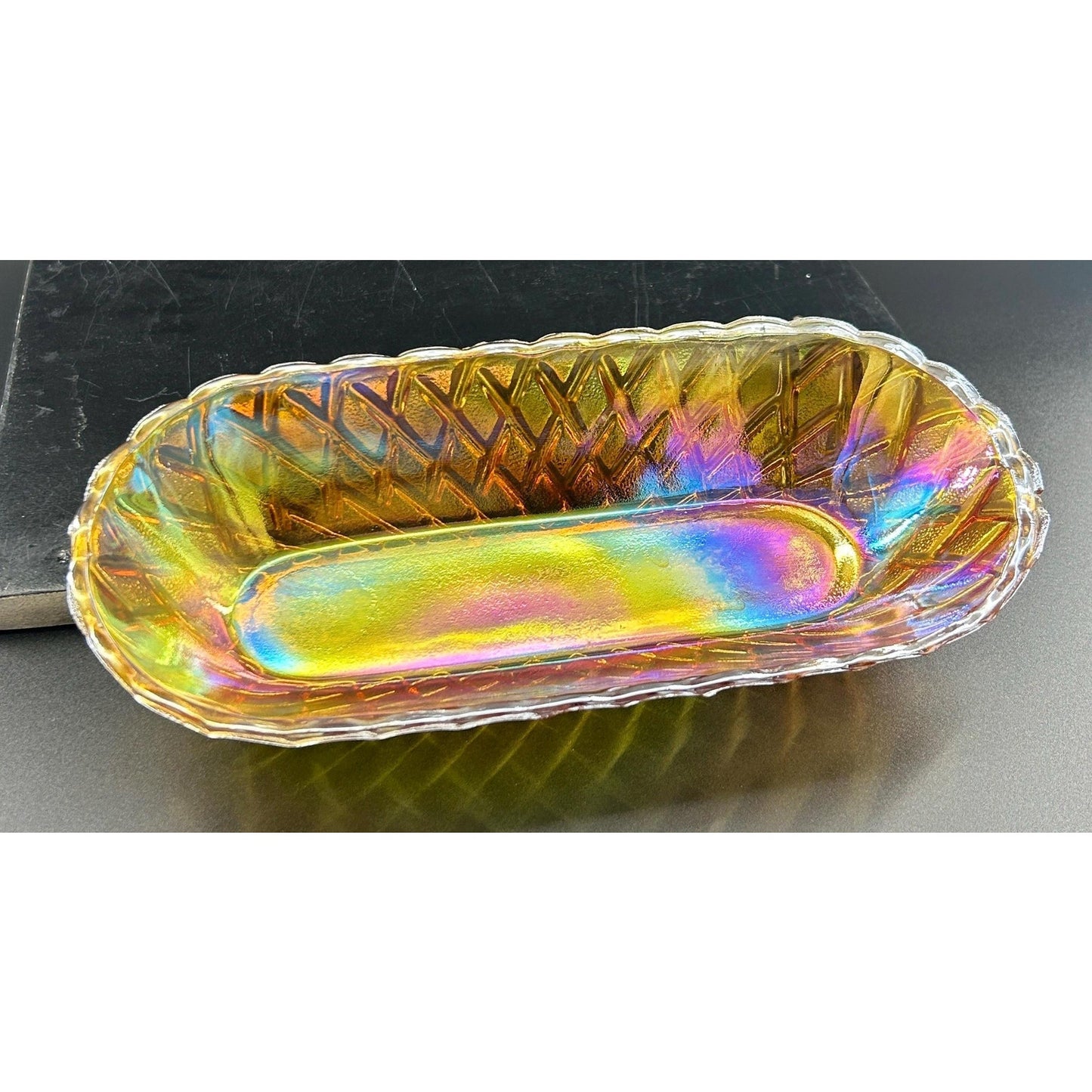 Vintage Indiana Carnival Glass Relish Tray – Marigold Iridescent Diamond Pattern