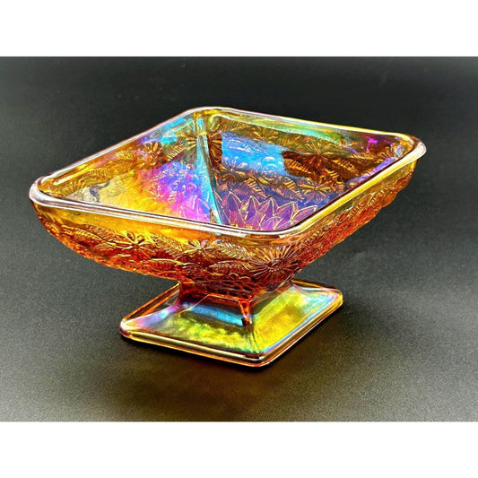 Vintage Indiana Glass carnival compote marigold iridescent square pedestal bowl floral pressed