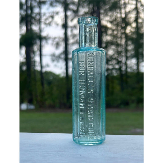 Antique Kendall’s Spavin Cure For Human Flesh Bottle – Aqua Glass Embossed Patent Medicine c1900