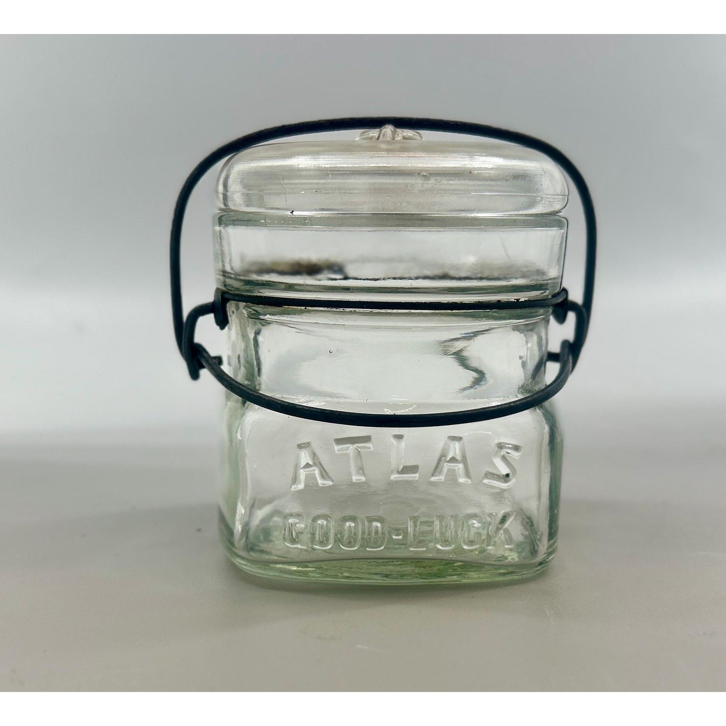 Atlas Good Luck Clover Half Pint Mason Jar Original Wire Bail Glass Lid Antique Hazel Atlas 1920s