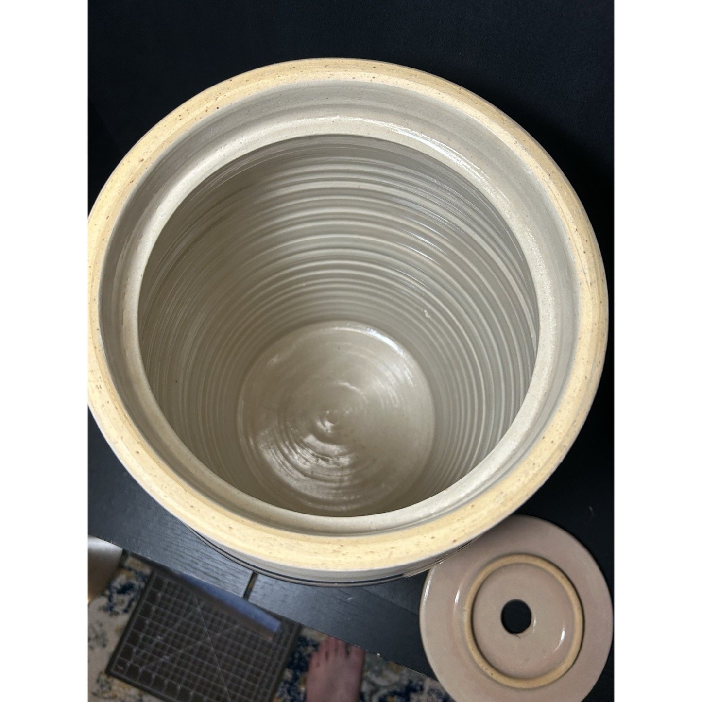 Marshall Pottery 5 Gallon Stoneware Crock w/ Lid Blue Stripe Texas Primitive