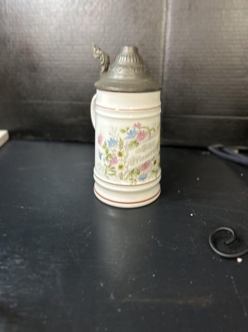Antique German Milk Glass Lithophane Beer Stein, Floral Decor image 2
