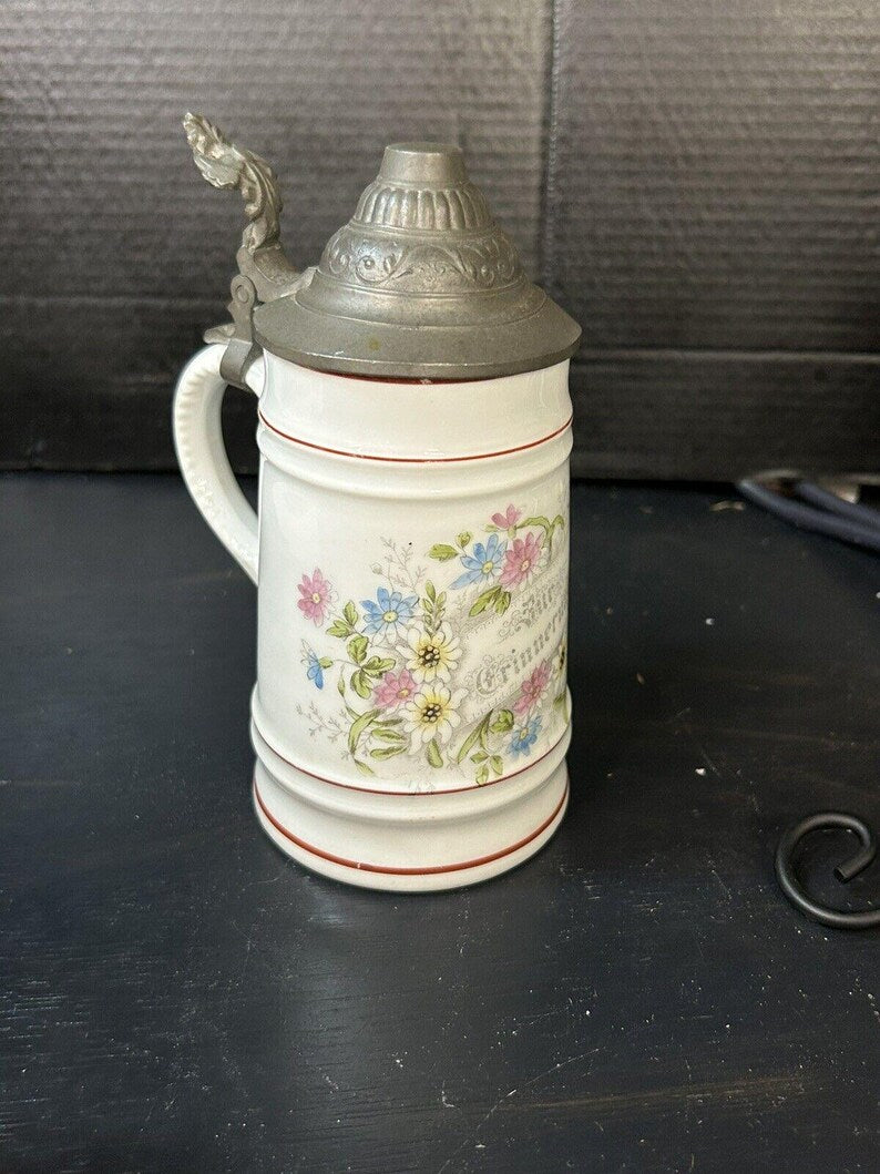 Antique German Milk Glass Lithophane Beer Stein, Floral Decor image 3