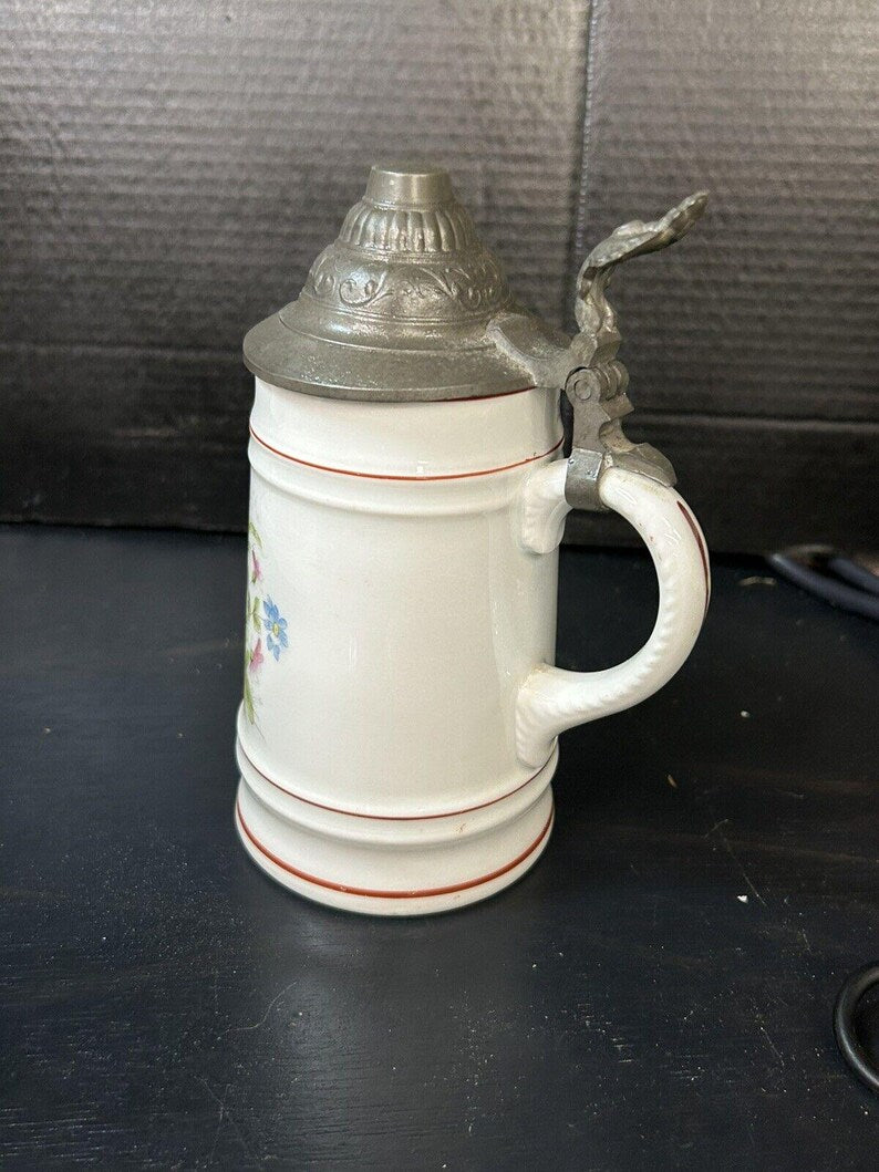 Antique German Milk Glass Lithophane Beer Stein, Floral Decor image 4