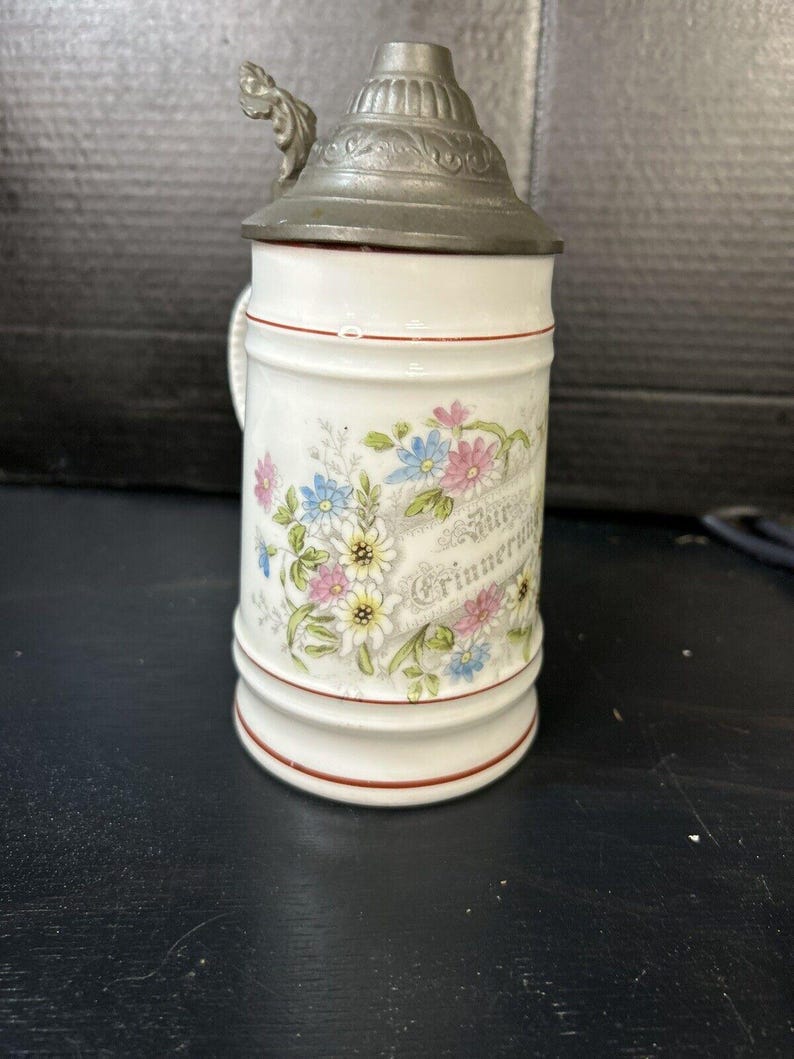 Antique German Milk Glass Lithophane Beer Stein, Floral Decor image 8