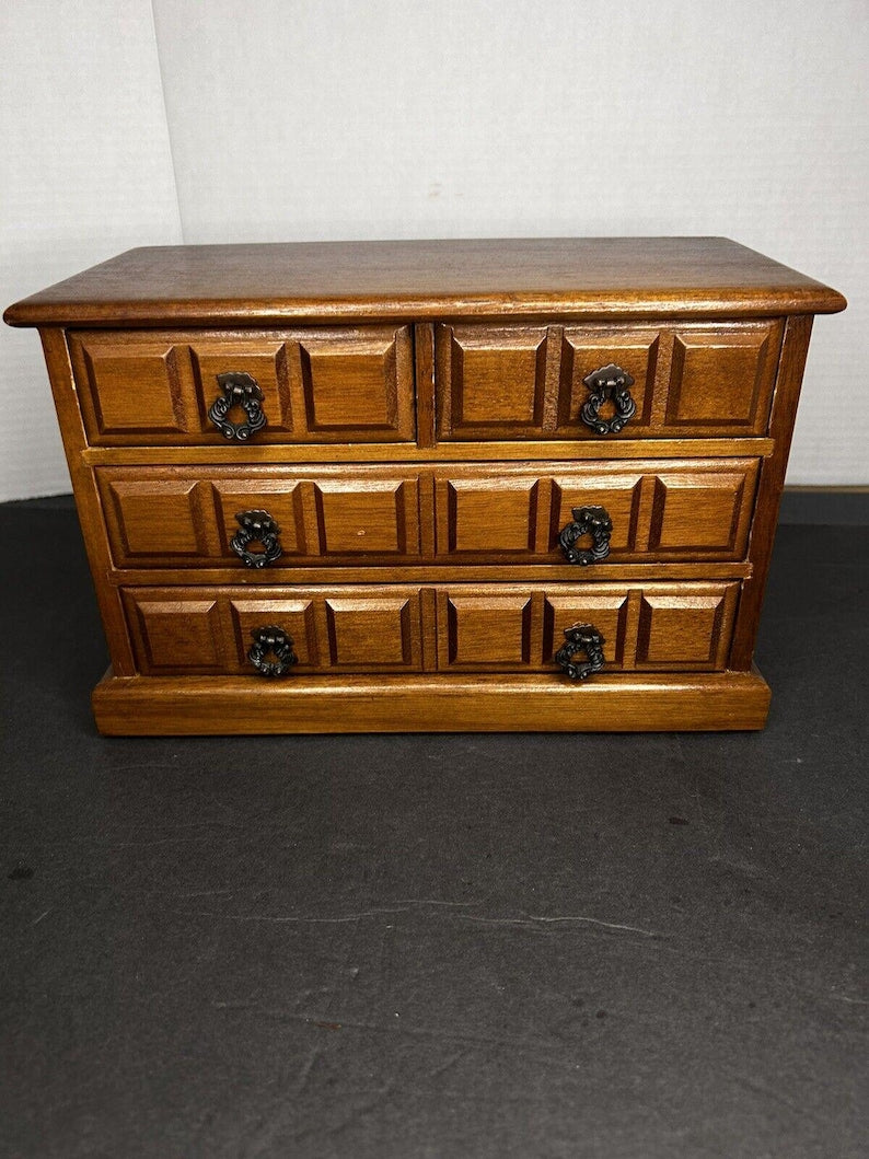 1970s Wooden Music Jewelry Box with 4 Drawers – Vintage Wood Organizer, Mid Century Bedroom Storage image 1