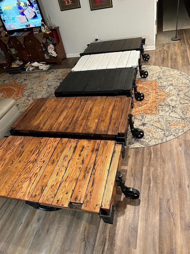 Antique Lineberry Factory Cart Coffee Table – Restored Industrial Mill Cart Cast Iron Wheels Reclaimed Wood Coffee Table Custom Stained image 2