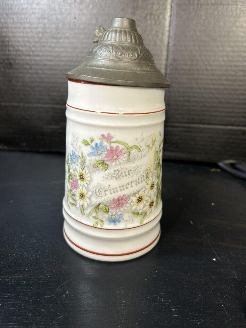 Antique German Milk Glass Lithophane Beer Stein, Floral Decor image 1