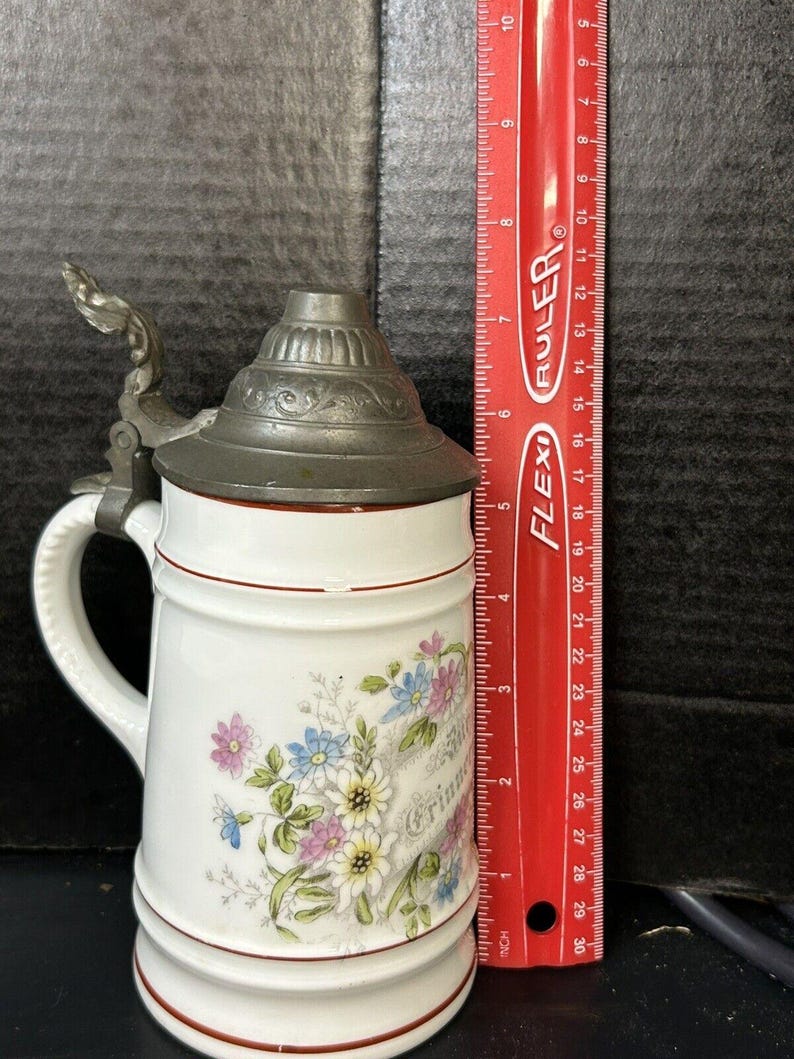 Antique German Milk Glass Lithophane Beer Stein, Floral Decor image 5