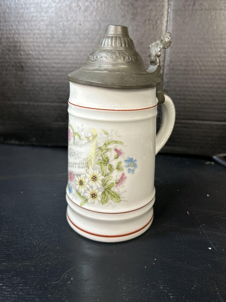 Antique German Milk Glass Lithophane Beer Stein, Floral Decor image 6