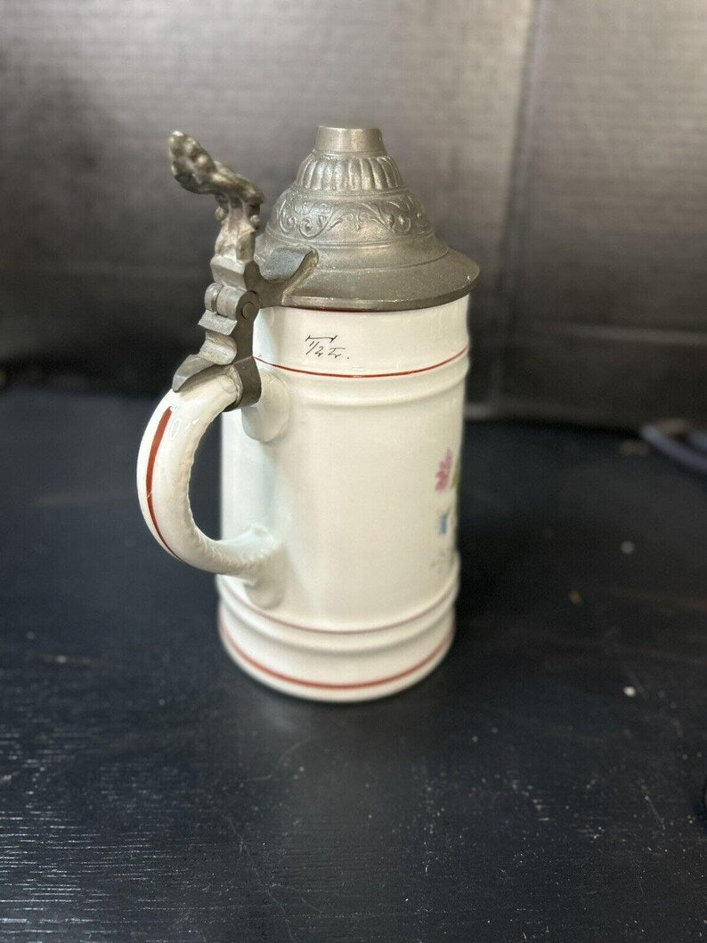 Antique German Milk Glass Lithophane Beer Stein, Floral Decor image 7