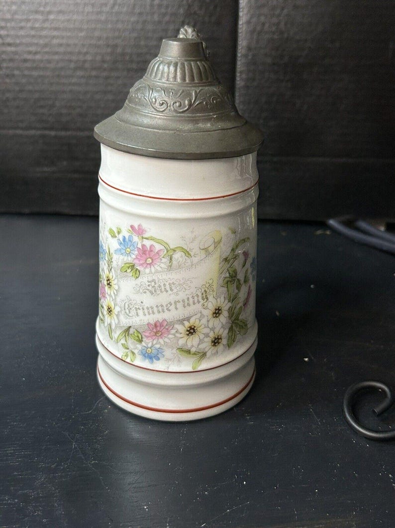 Antique German Milk Glass Lithophane Beer Stein, Floral Decor image 9