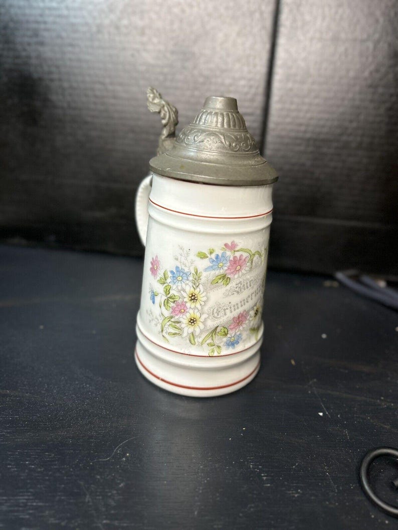 Antique German Milk Glass Lithophane Beer Stein, Floral Decor image 10