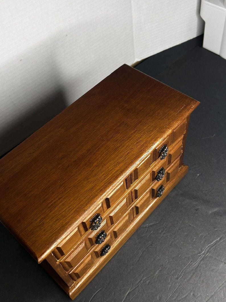 1970s Wooden Music Jewelry Box with 4 Drawers – Vintage Wood Organizer, Mid Century Bedroom Storage image 3