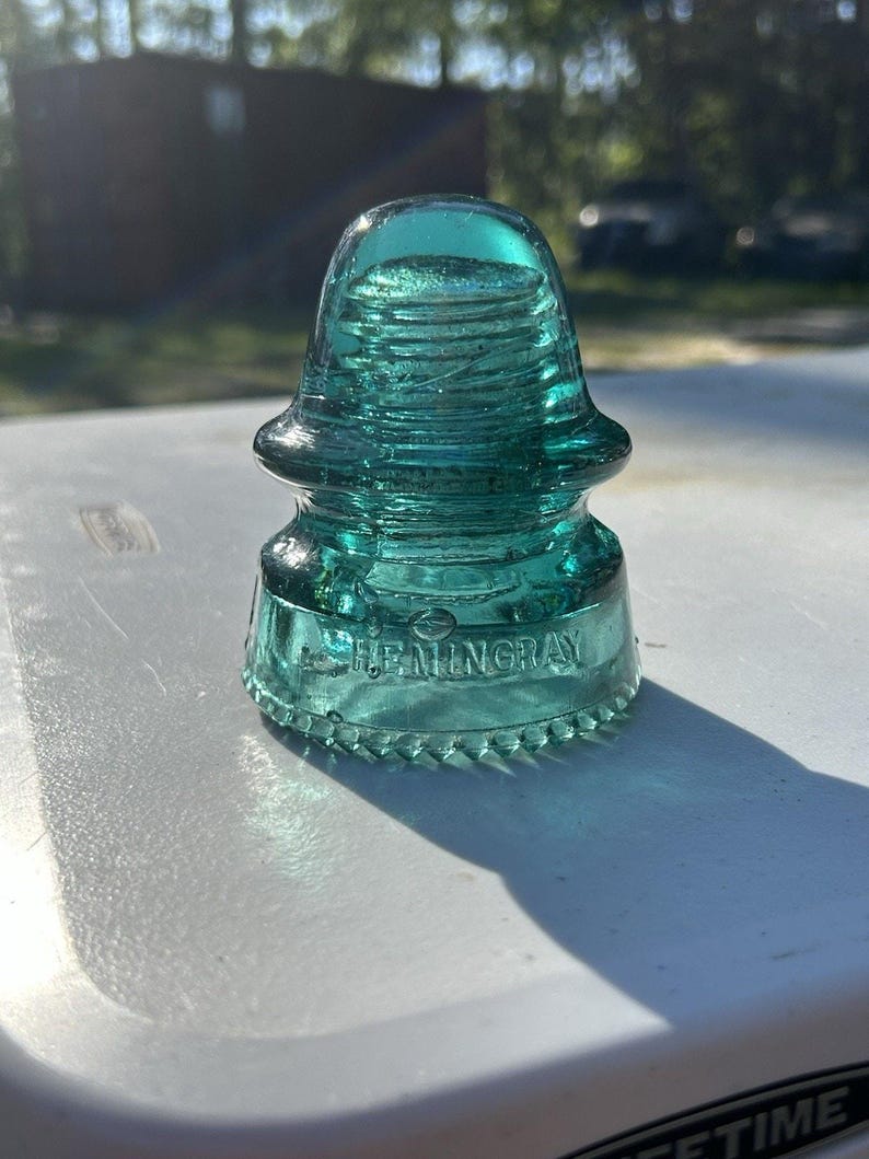 Antique Hemingray H.G.Co Aqua Insulator 1893 Patent Sharp Drip Points Deep Aqua-Green Prism Base image 1