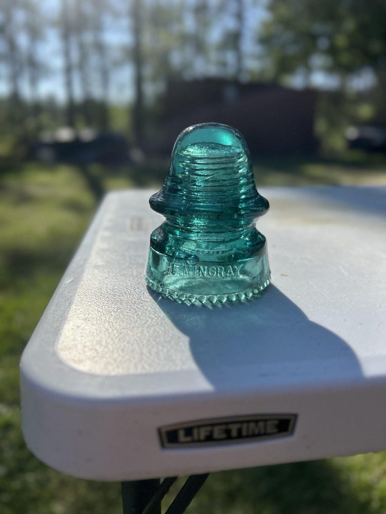 Antique Hemingray H.G.Co Aqua Insulator 1893 Patent Sharp Drip Points Deep Aqua-Green Prism Base image 3