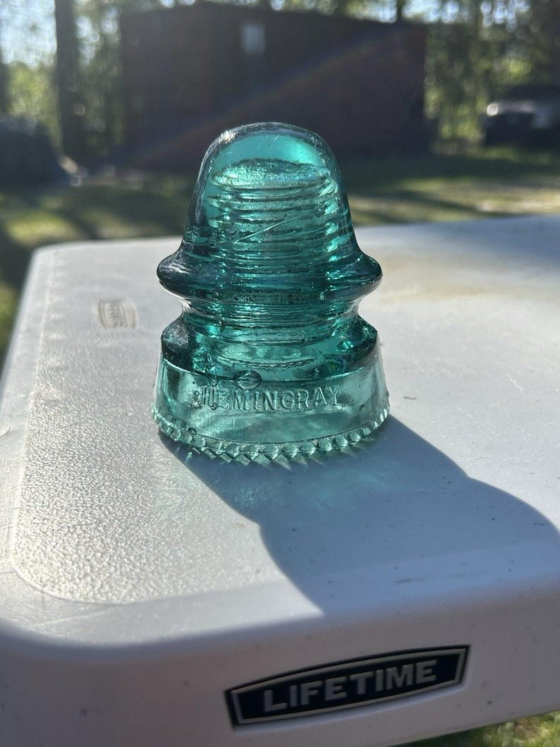 Antique Hemingray H.G.Co Aqua Insulator 1893 Patent Sharp Drip Points Deep Aqua-Green Prism Base image 5