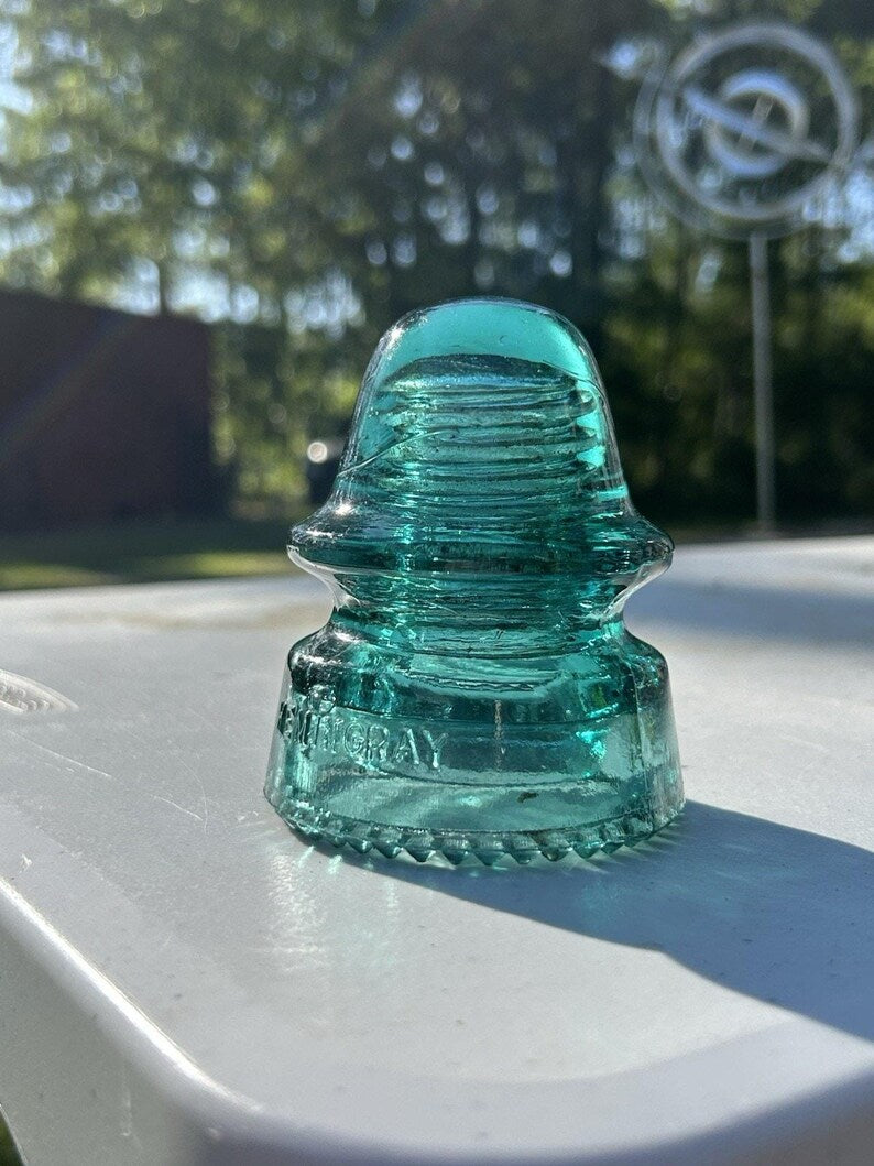 Antique Hemingray H.G.Co Aqua Insulator 1893 Patent Sharp Drip Points Deep Aqua-Green Prism Base image 2