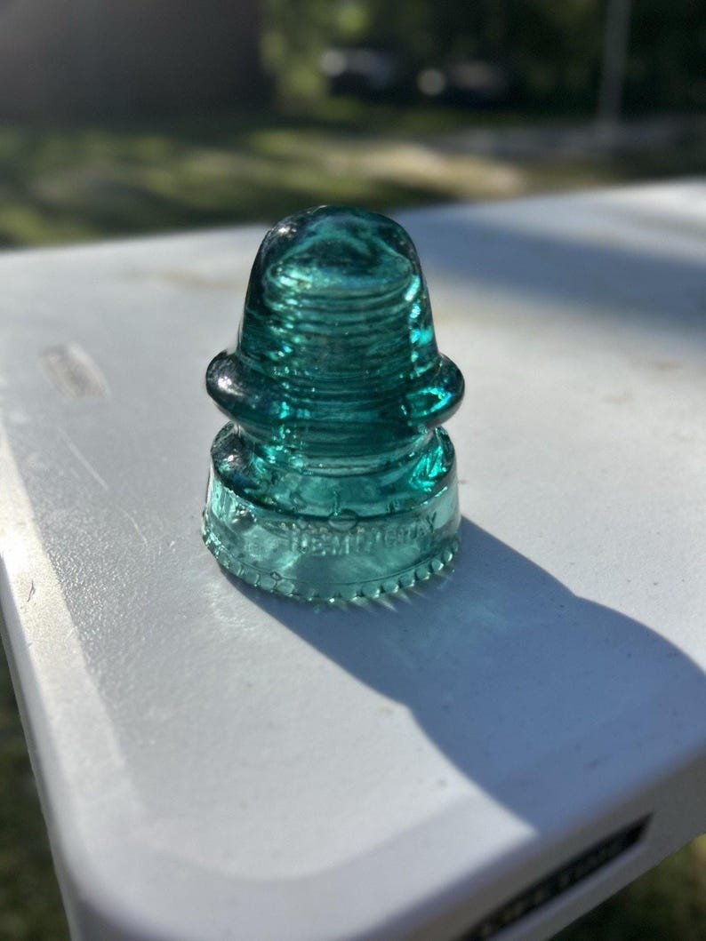 Antique Hemingray H.G.Co Aqua Insulator 1893 Patent Sharp Drip Points Deep Aqua-Green Prism Base image 6
