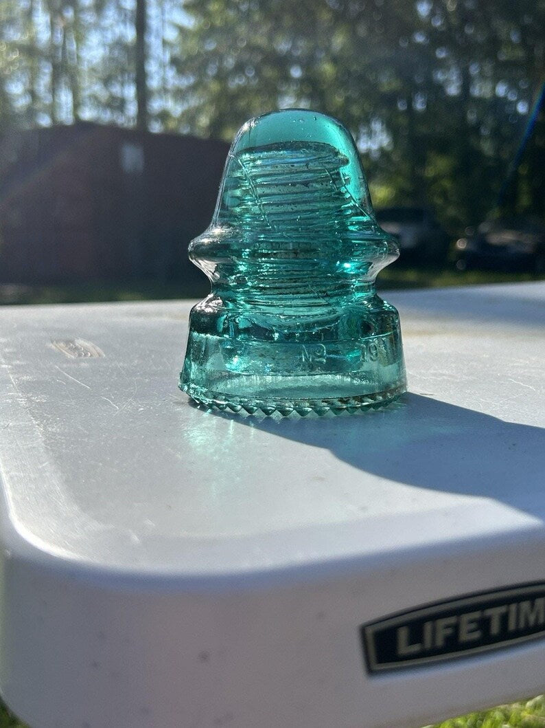 Antique Hemingray H.G.Co Aqua Insulator 1893 Patent Sharp Drip Points Deep Aqua-Green Prism Base image 8