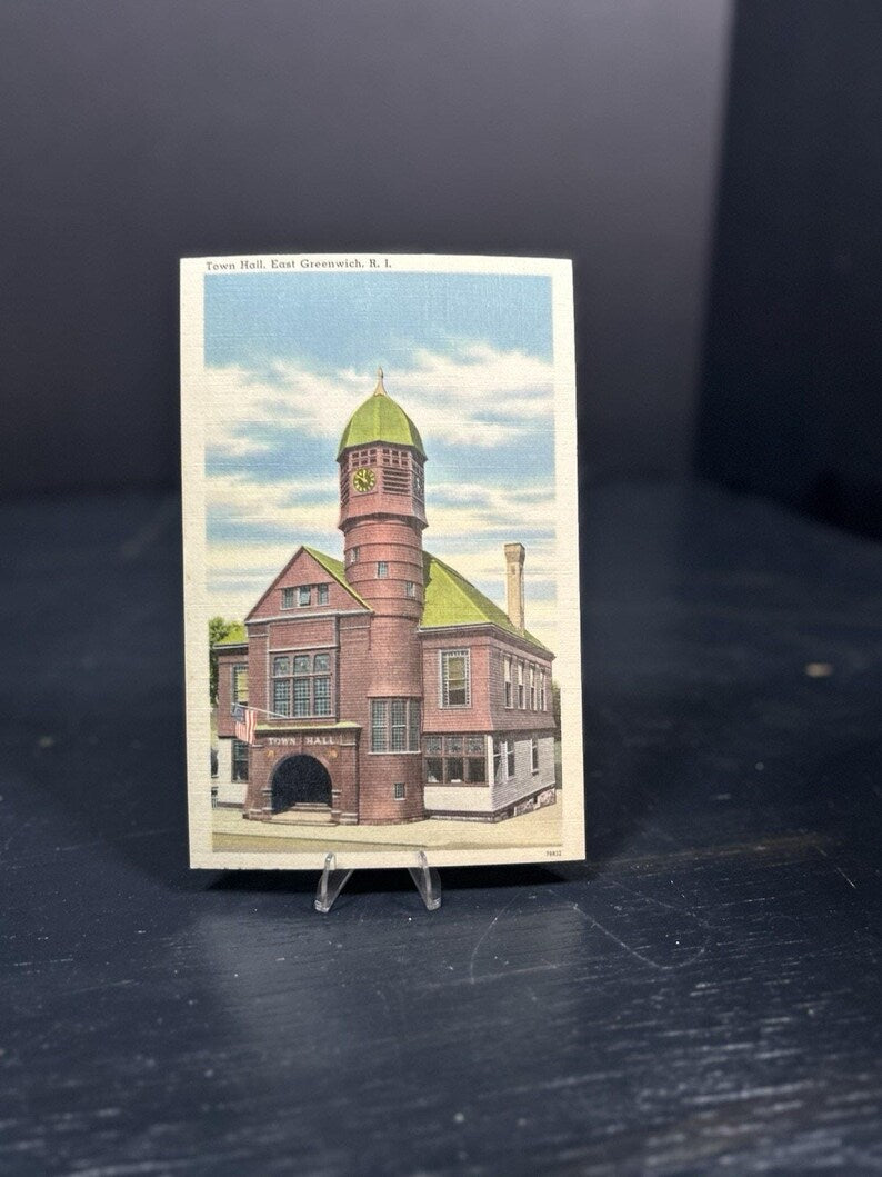 1930s East Greenwich RI Town Hall Linen Postcard, Historic Architecture, Vintage Paper Ephemera image 2