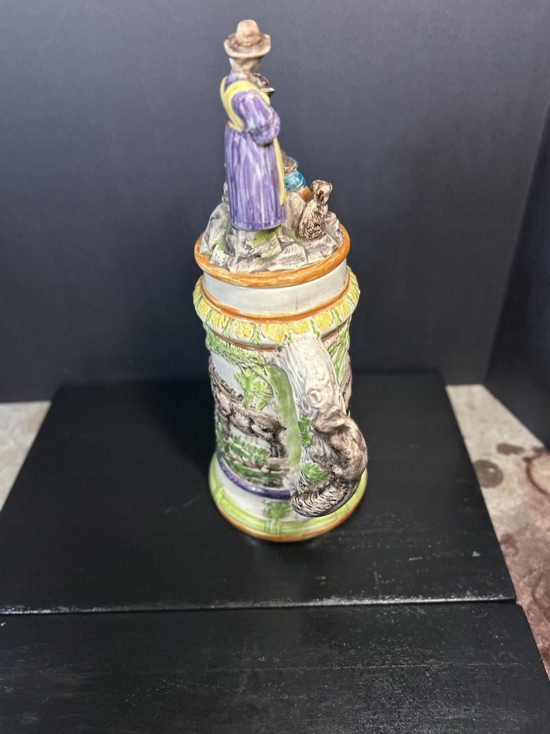 Vintage 1974 Hand-Painted Ceramic Beer Stein, Folk Art Tankard image 5