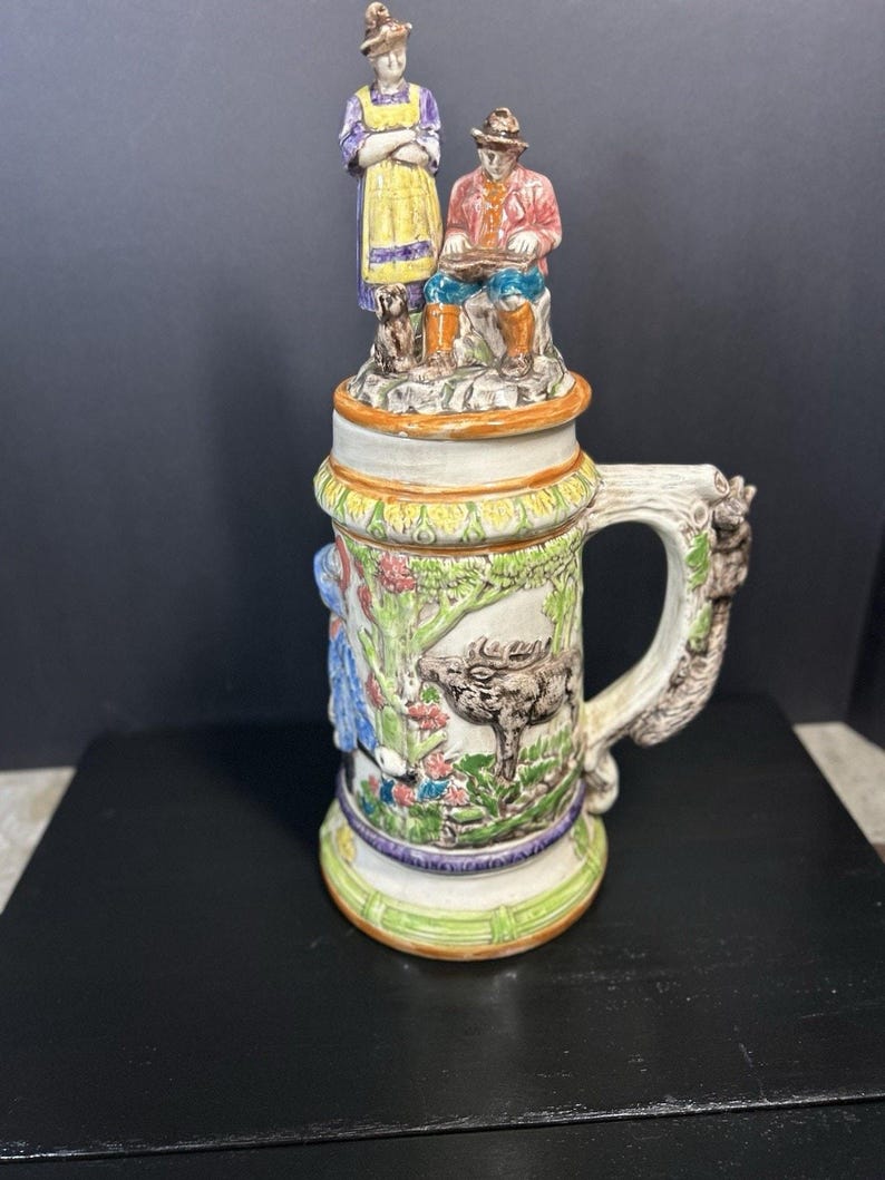 Vintage 1974 Hand-Painted Ceramic Beer Stein, Folk Art Tankard image 7