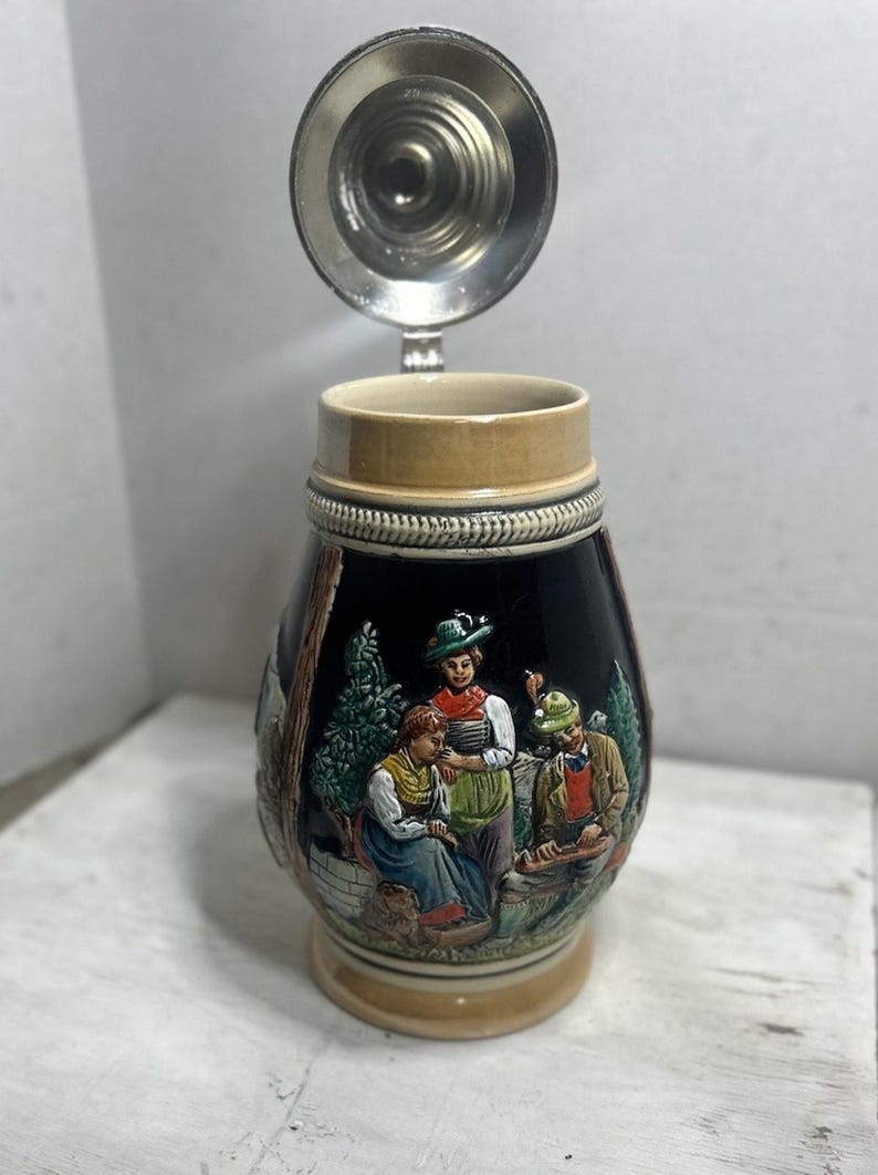 Vintage German Beer Stein 1 Liter Pewter Lid Bavarian Village Scene Oktoberfest Mug Rustic Bar Collectible image 3