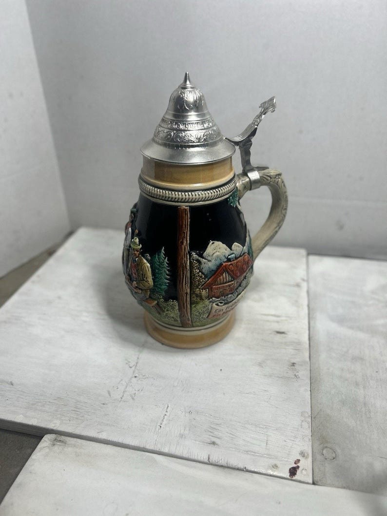 Vintage German Beer Stein 1 Liter Pewter Lid Bavarian Village Scene Oktoberfest Mug Rustic Bar Collectible image 5