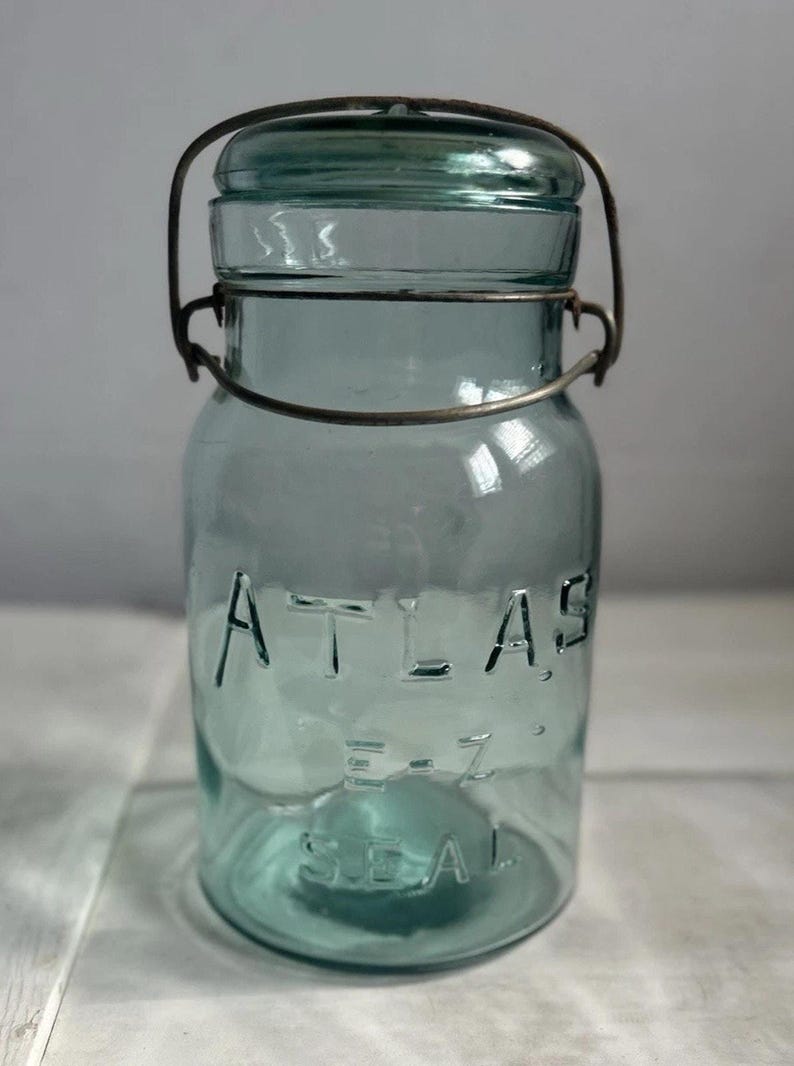 Antique Hazel-Atlas E-Z Seal Quart Aqua Fruit Jar Glass Lid Wire Bail Lightning Closure Mold No. 2 RB 111 image 1