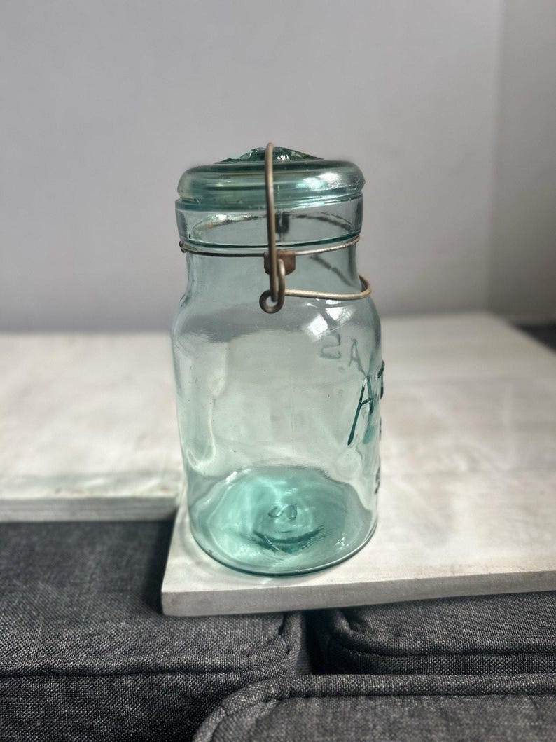 Antique Hazel-Atlas E-Z Seal Quart Aqua Fruit Jar Glass Lid Wire Bail Lightning Closure Mold No. 2 RB 111 image 5
