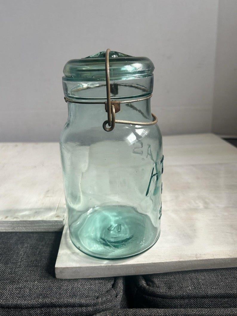 Antique Hazel-Atlas E-Z Seal Quart Aqua Fruit Jar Glass Lid Wire Bail Lightning Closure Mold No. 2 RB 111 image 7