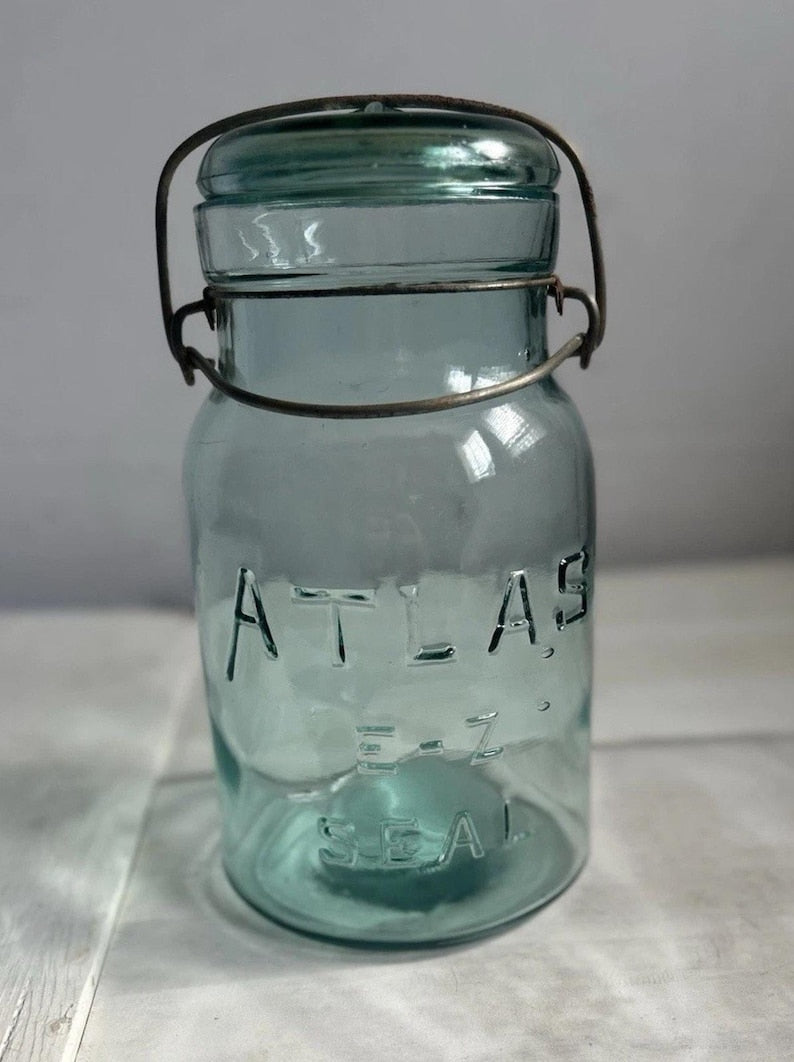 Antique Hazel-Atlas E-Z Seal Quart Aqua Fruit Jar Glass Lid Wire Bail Lightning Closure Mold No. 2 RB 111 image 8