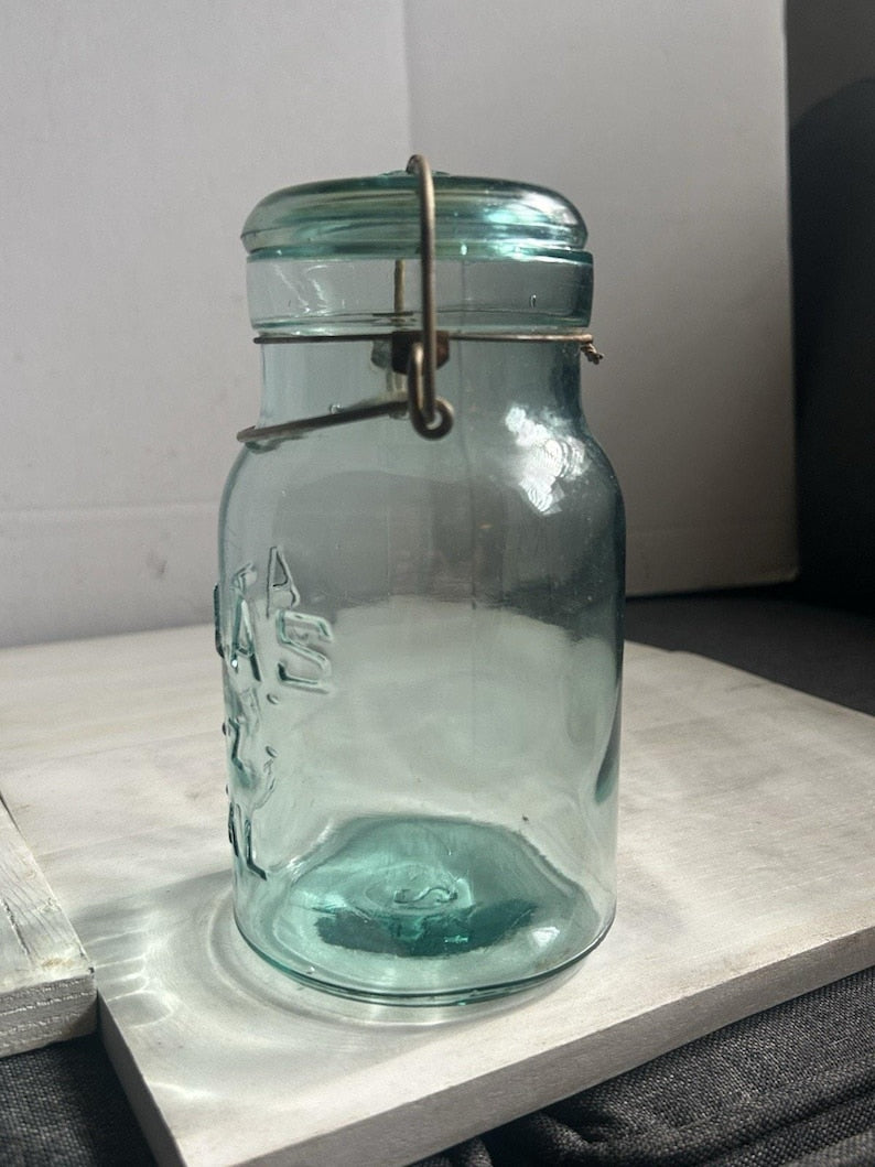 Antique Hazel-Atlas E-Z Seal Quart Aqua Fruit Jar Glass Lid Wire Bail Lightning Closure Mold No. 2 RB 111 image 9