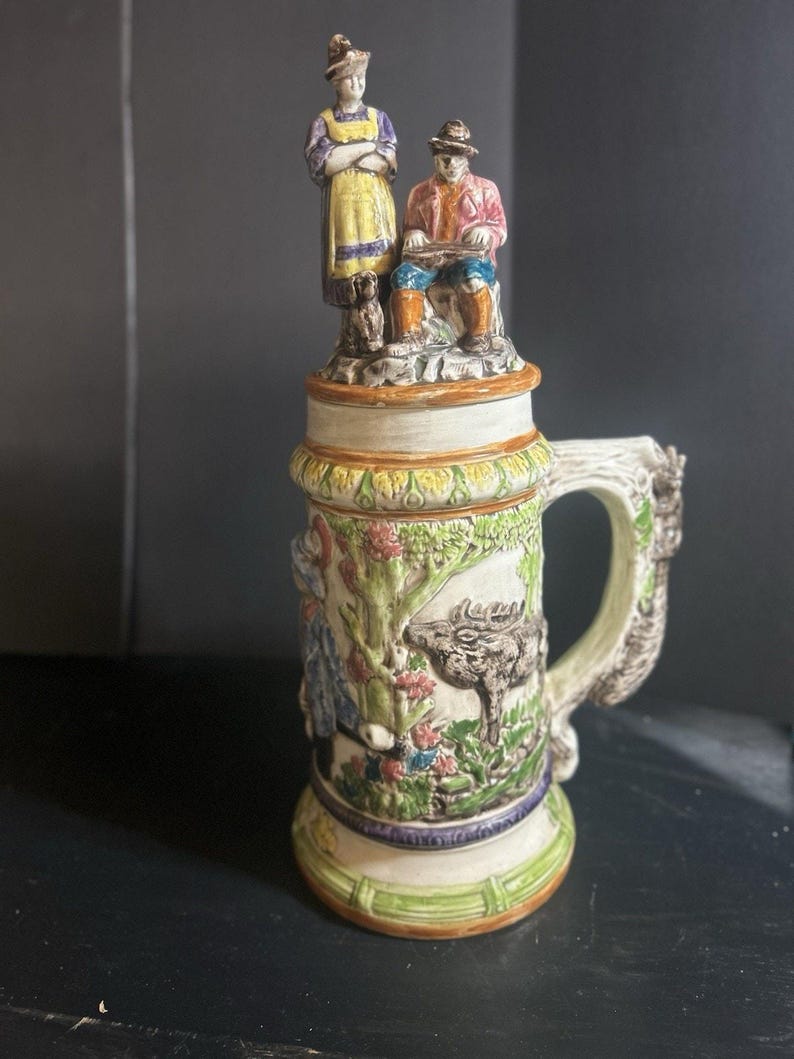 Vintage 1974 Hand-Painted Ceramic Beer Stein, Folk Art Tankard image 1