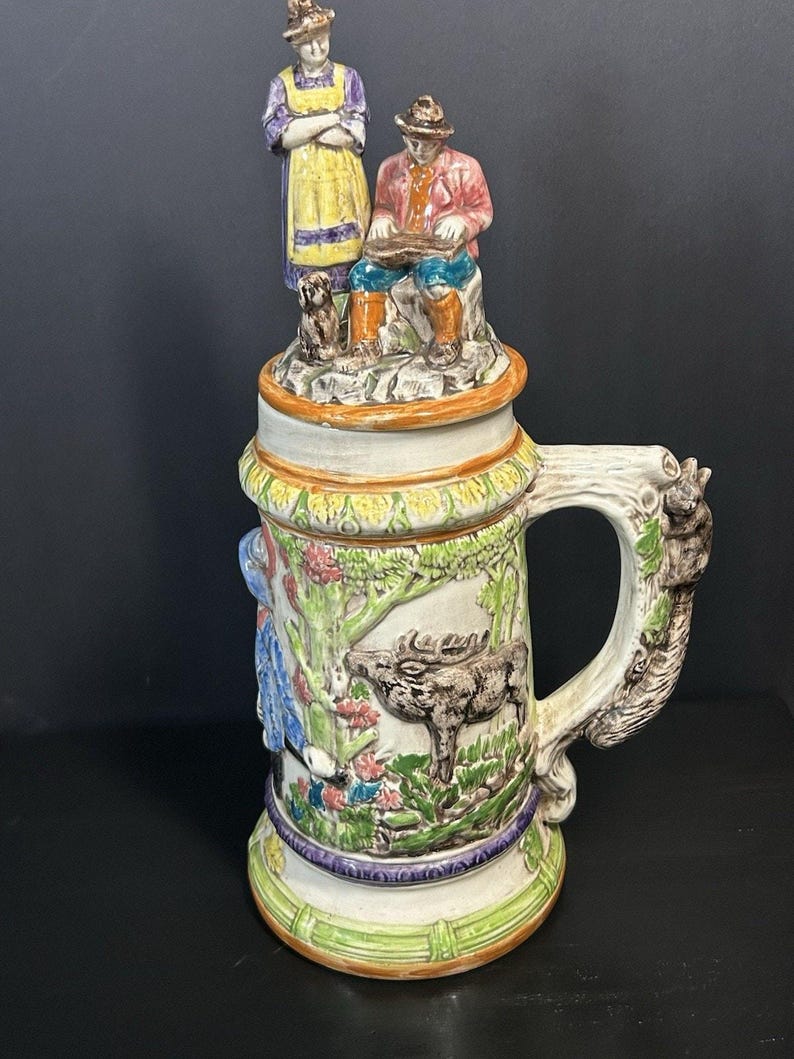 Vintage 1974 Hand-Painted Ceramic Beer Stein, Folk Art Tankard image 3